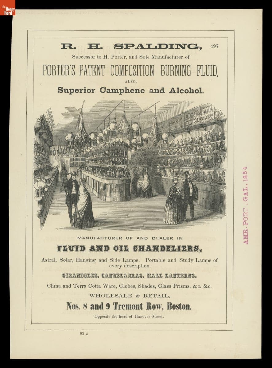 Advertisement, R.H. Spalding Fluid and Oil Chandeliers, 1854