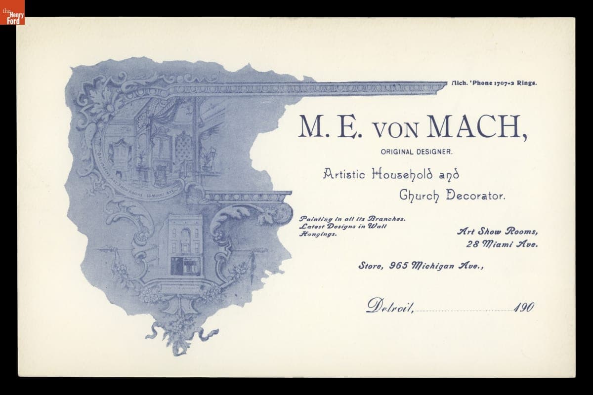 Card Advertising M.E. Von Mach, Original Designer, Artistic Household and Church Decorator, Detroit, Michigan, 1900-1920