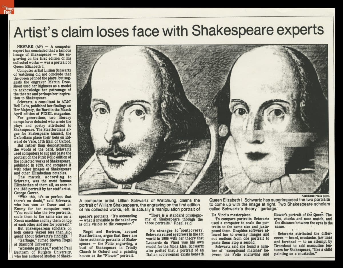 "Artist's Claim Loses Face with Shakespeare Experts," Newspaper Article, circa 1992