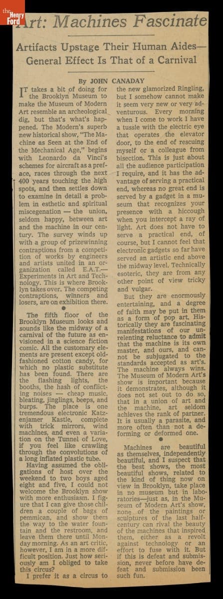 "Art: Machines Fascinate," Newspaper Article, 1968-1969
