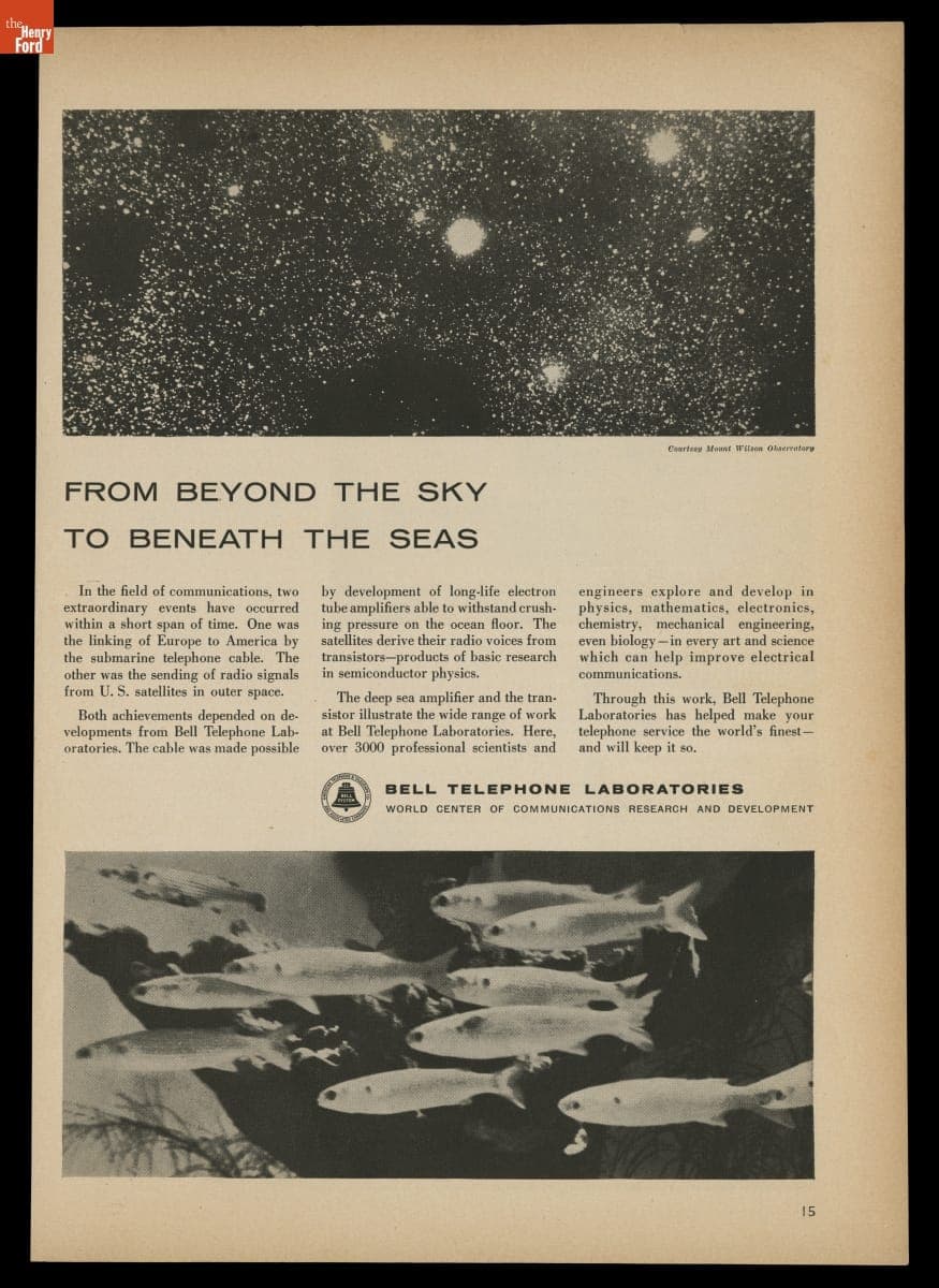 "From Beyond the Sky to Beneath the Seas," Bell Telephone Laboratories Advertisement, 1958