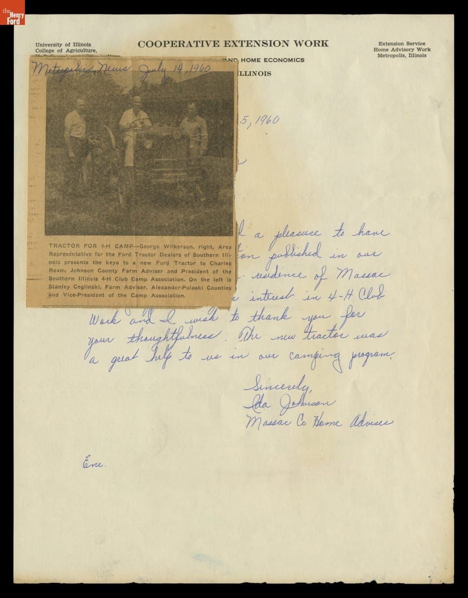 Ford Tractor Donation to the Southern Illinois 4H Club Camp, 1960