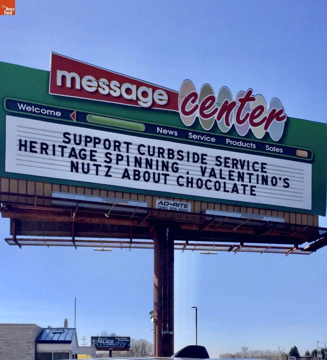 Heritage Spinning & Weaving Shop Curbside Service Advertised on Message Board Sign, Oxford, Michigan, 2020
