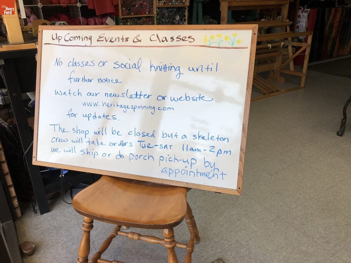 Information Sign inside Heritage Spinning & Weaving Shop during the COVID-19 Pandemic, 2020