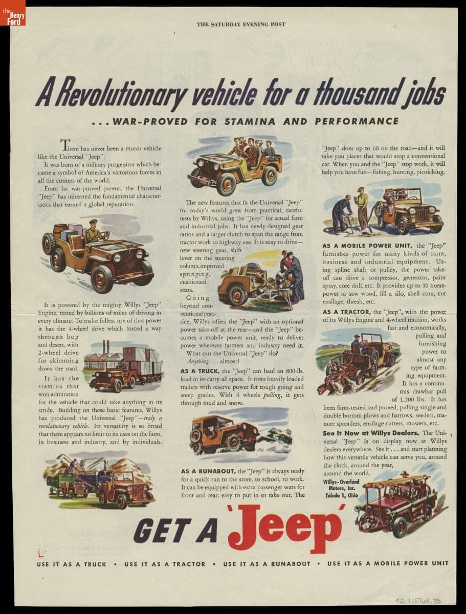"A Revolutionary Vehicle for a Thousand Jobs," Universal Jeep Advertisement, 1945