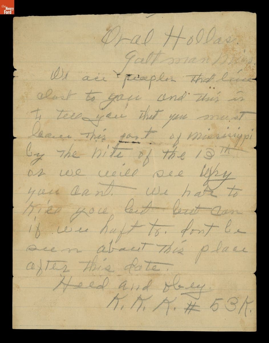 Handwritten Note to Uril Franklin Hollis from the Ku Klux Klan, circa 1924