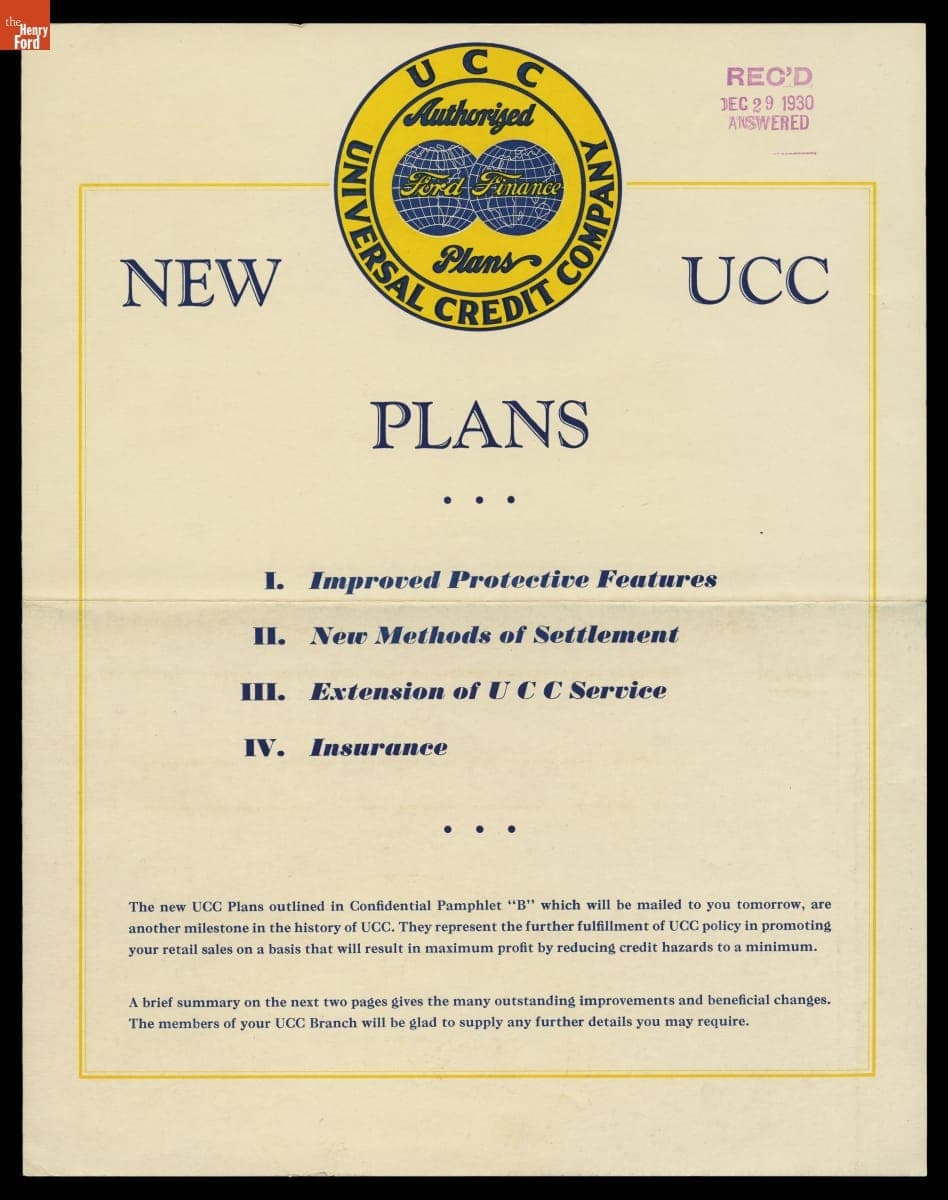 "New UCC Plans: Universal Credit Company Authorized Ford Finance Plans," 1930