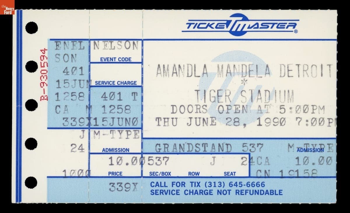 Ticket for the Nelson Mandela Rally at Tiger Stadium, June 28, 1990