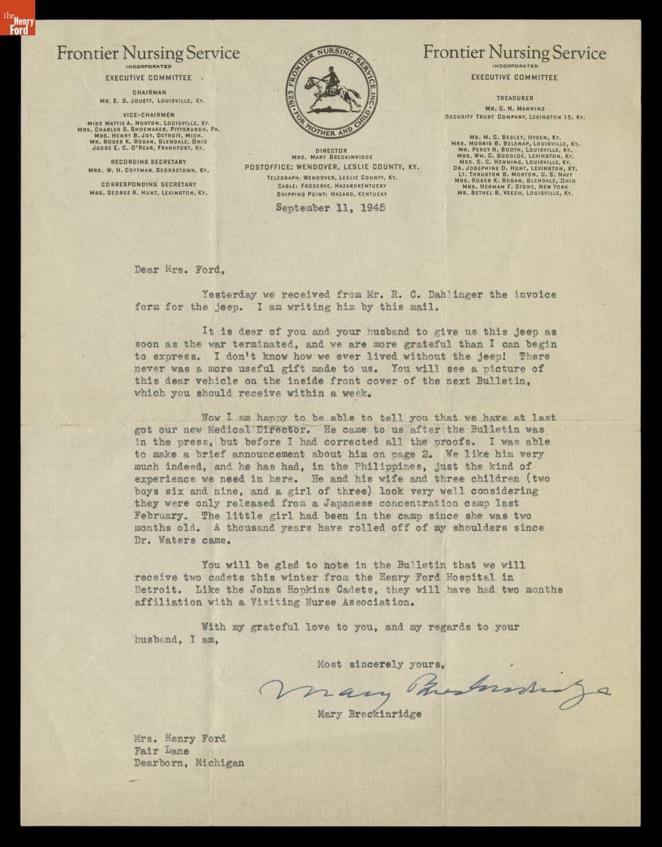 Letter from Mary Breckinridge to Clara Ford, September 11, 1945