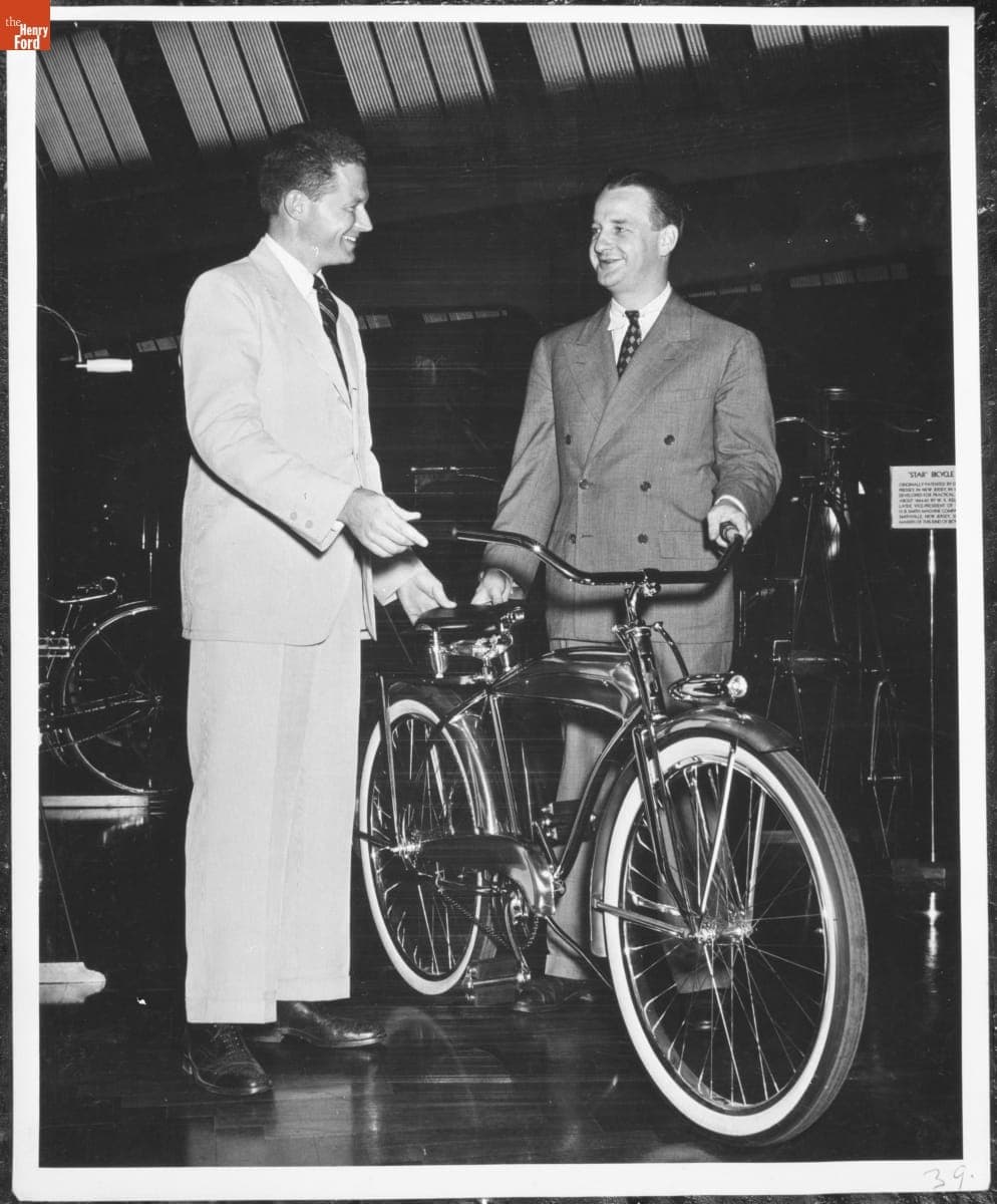 Horace M. Huffman, Jr. and Benson Ford with the One Millionth Huffman Bicycle, 1947