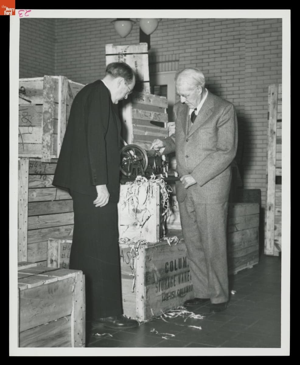 Hayward Ablewhite and Charles Brady King with Miniature Steam Engines in Henry Ford Museum, circa 1951