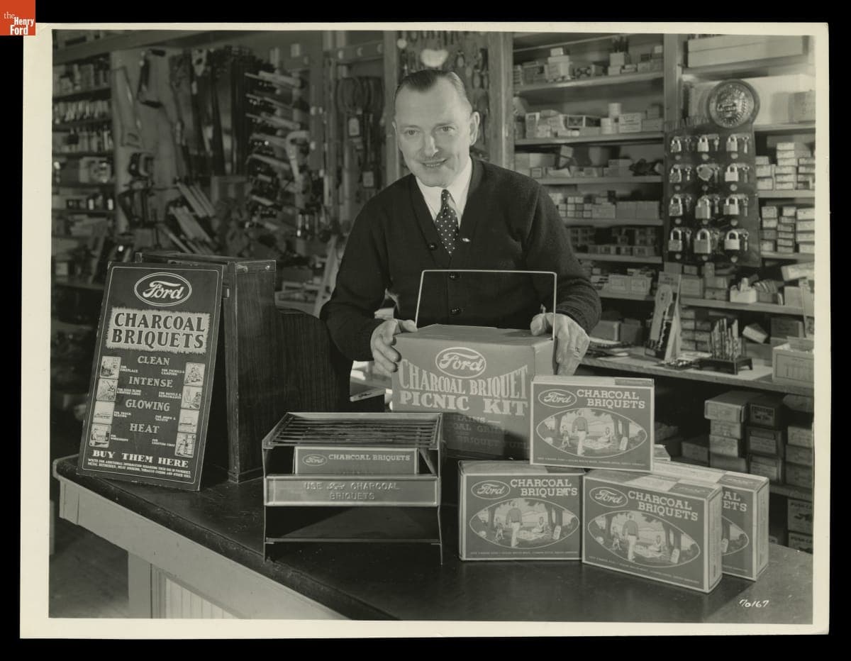 Ford Charcoal Briquets and Picnic Kit Display in a Hardware Store, 1938