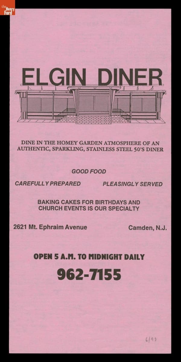 Menu from Elgin Diner, Camden, New Jersey, 1993