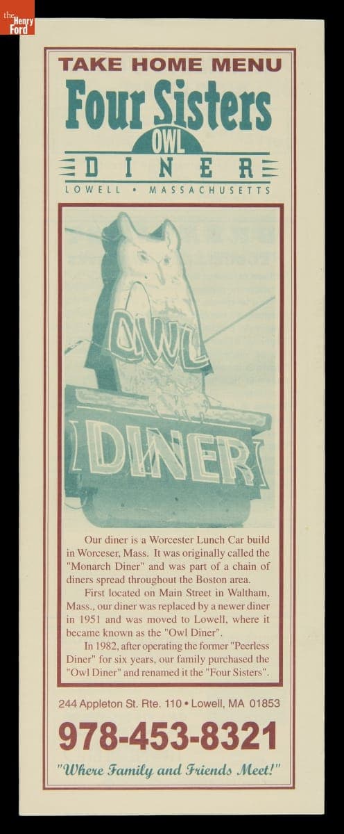 Take Home Menu, Four Sisters Owl Diner, Lowell, Massachusetts, circa 2005