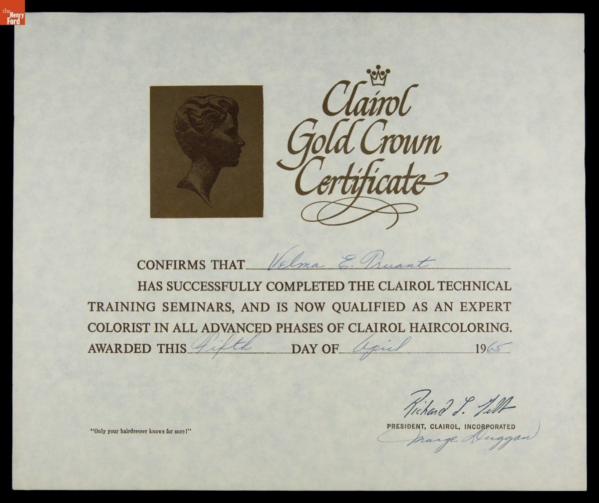 Clairol Gold Crown Certificate Awarded to Velma E. Truant, 1965