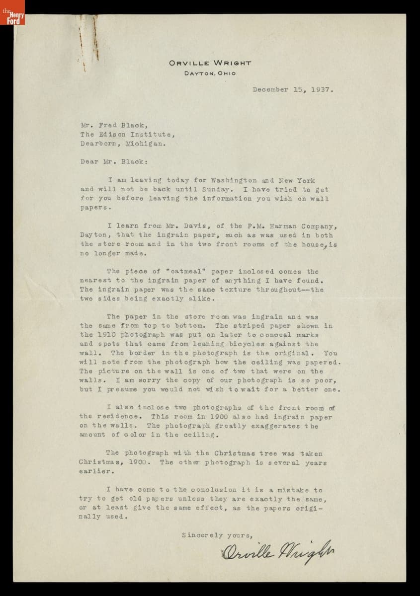 Letter from Orville Wright to Fred Black about Wallpapers in Wright Home and Wright Cycle Shop, December 15, 1937