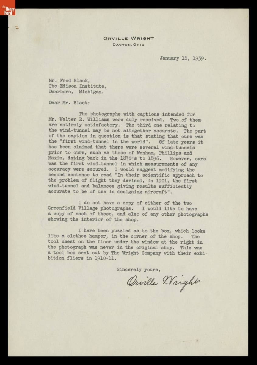 Letter from Orville Wright to Fred Black about Photos of the Wind Tunnel in Wright Cycle Shop, January 16, 1939
