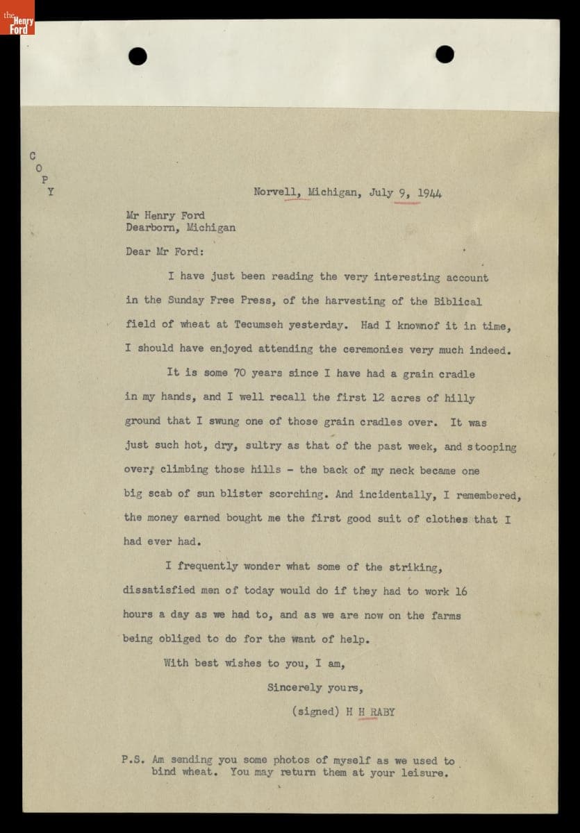 Letter to Henry Ford from H.H. Raby, July 9, 1944