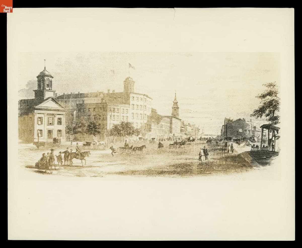 Drawing of Woodward Avenue at Campus Martius, Detroit, Michigan, 1849-1856