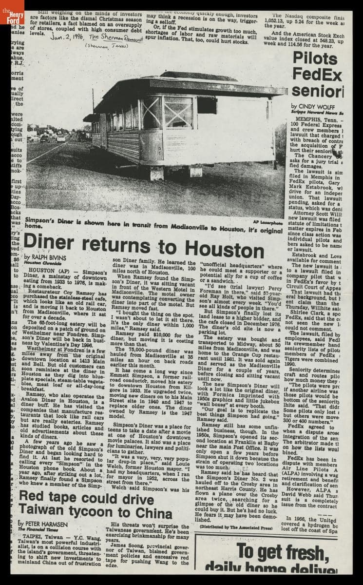 "Diner Returns to Houston," Article from "The Sherman Democrat," January 2, 1996