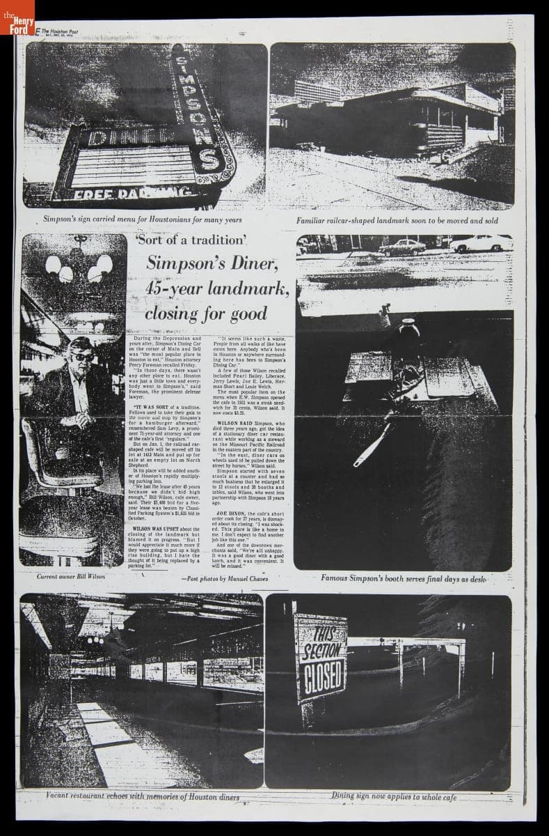 "Simpson's Diner, 45-Year Landmark, Closing For Good," Article from "The Houston Post," December 25, 1976