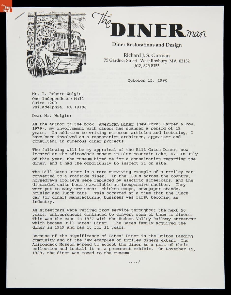 Appraisal of the Bill Gates Diner by Richard J.S. Gutman, October 15, 1990