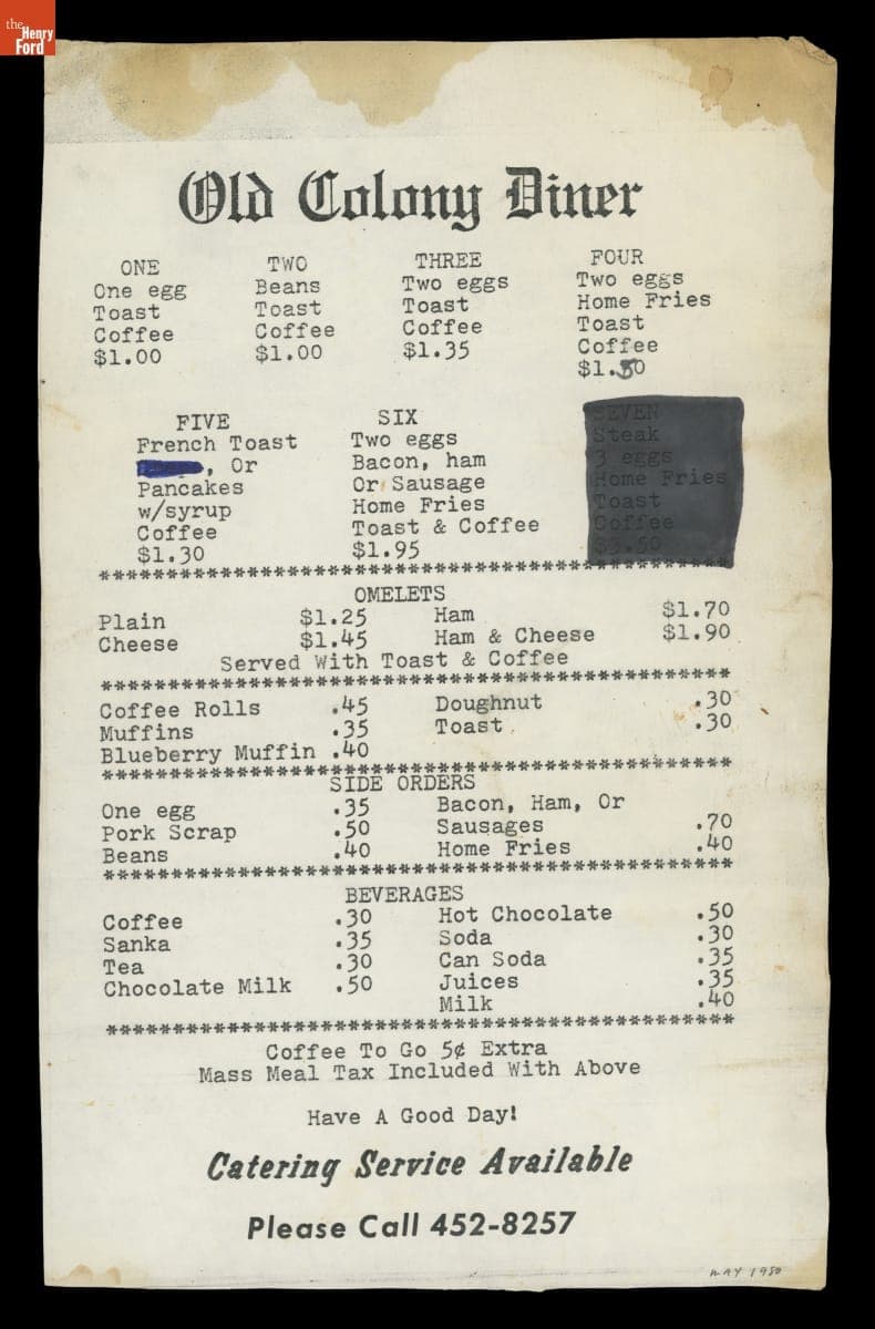 Old Colony Diner Menu, May 1980