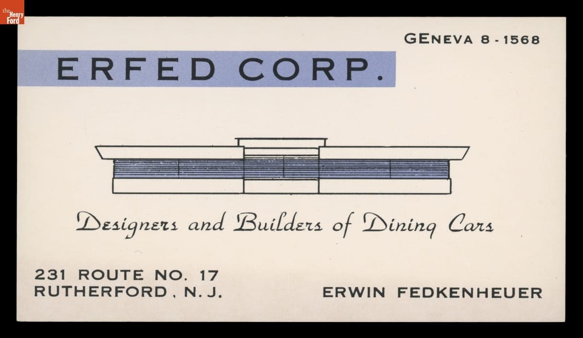 Erfed Corp. Business Card, "Designers and Builders of Dining Cars," 1956-1975