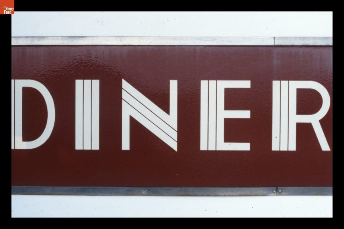 Detail of Lettering on Porcelain Enamel of Edgemere Diner in Shrewsbury, Massachusetts