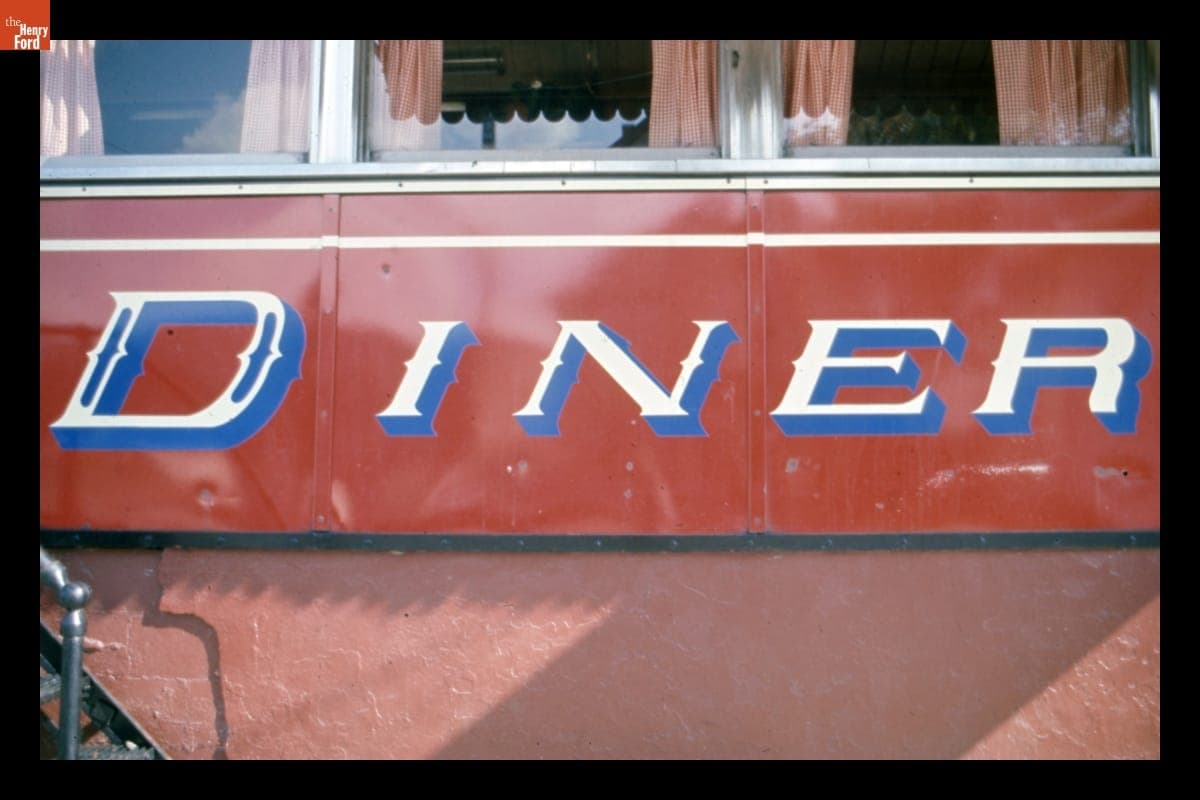 Detail of Lettering on Porcelain Enamel Facade of Peerless Diner, later Four Sons Diner, Lowell, Massachusetts