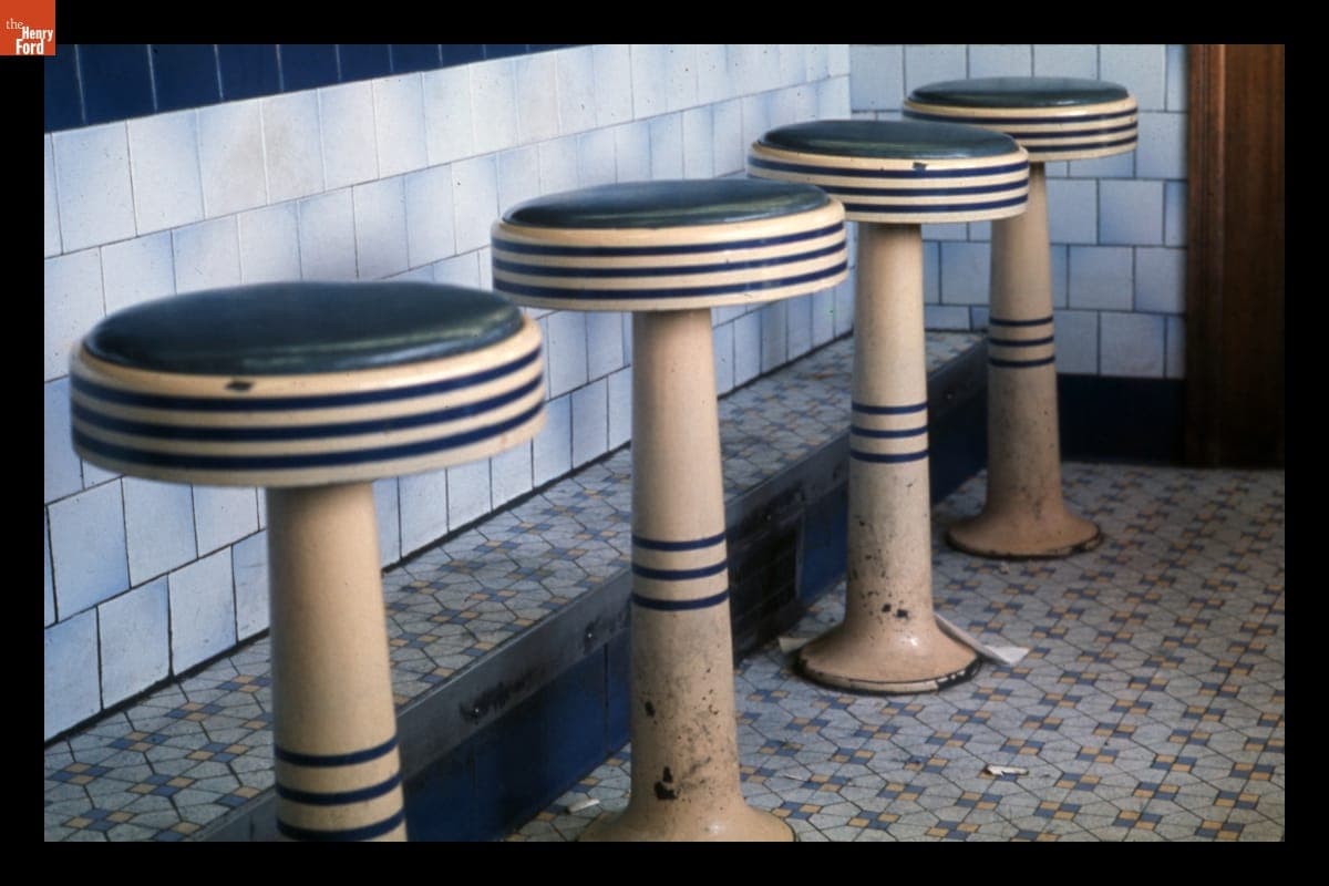 Original 1938 Porcelain Enamel Stools in Silver Top Diner, Providence, Rhode Island, 1973