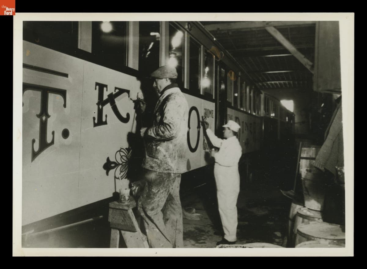At the Tierney Dining Car Plant, Painting Lettering on a Dining Car, circa 1925