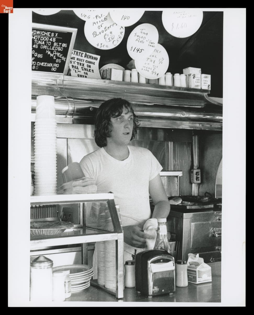 Cook Kenny Barrett inside Buddy's Truck Stop, Somerville, Massacusetts, circa 1974