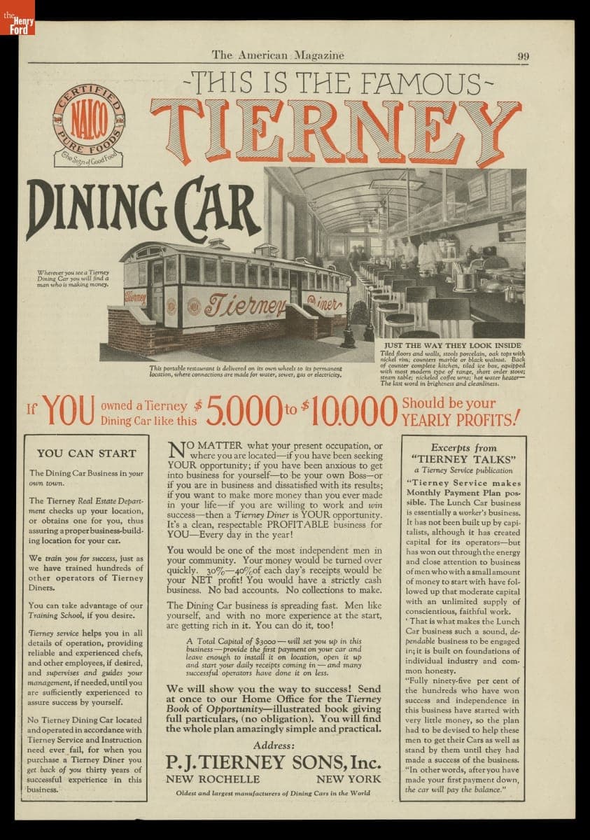 "This is the Famous Tierney Dining Car," Advertisement, circa 1926