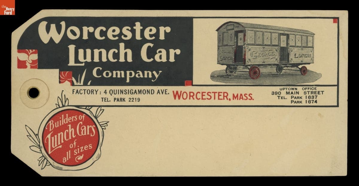 Worcester Lunch Car Company Tag, "Builders of Lunch Cars of All Sizes,"