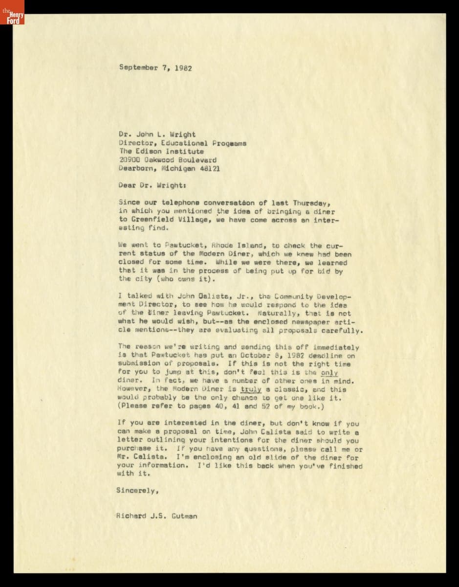 Letter from Richard Gutman Notifying Henry Ford Museum of a Diner Available for Purchase, September 7, 1982