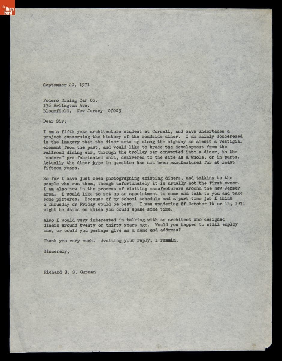 Letter from Richard J.S. Gutman to Fodero Dining Car Co., September 20, 1971