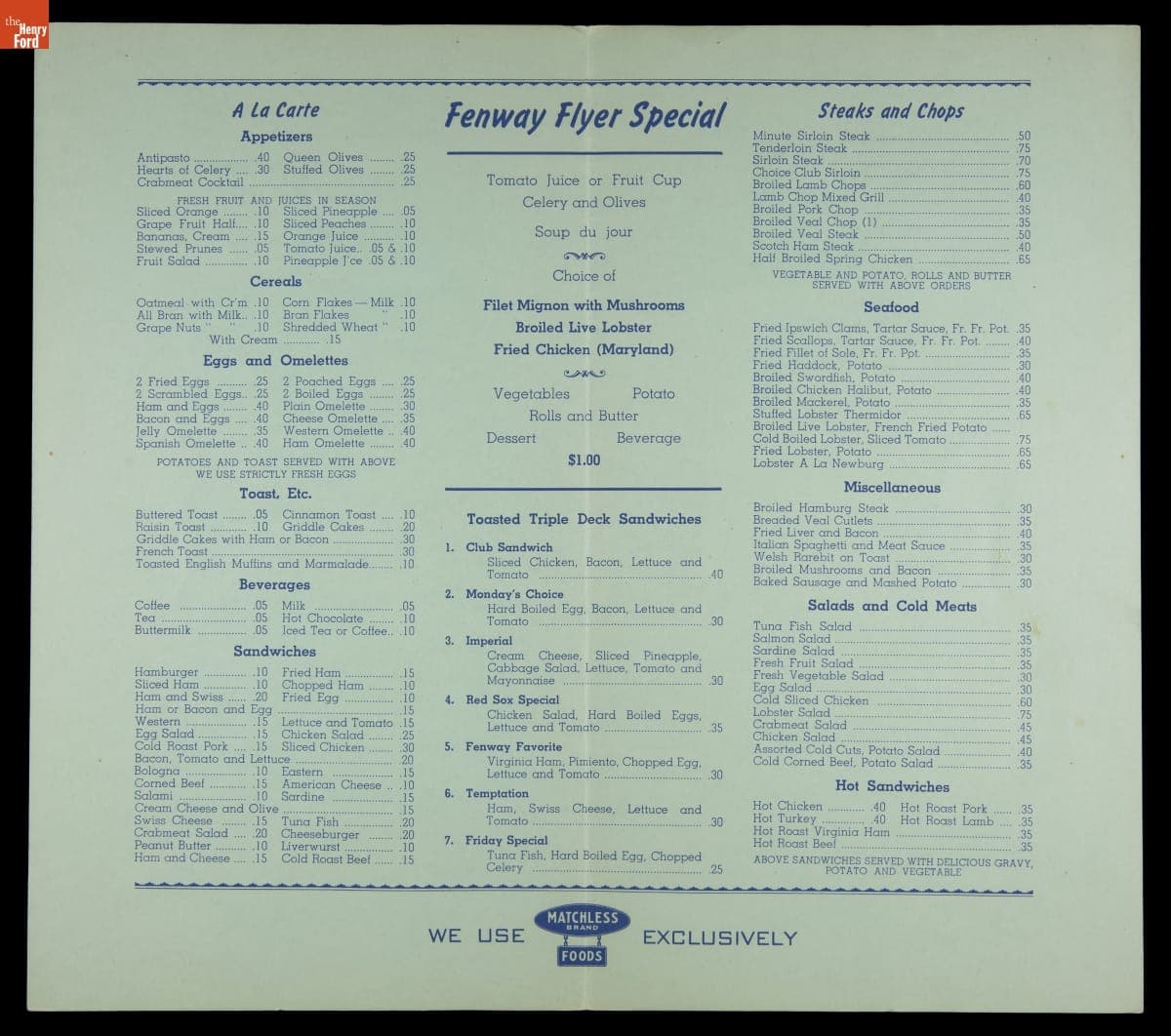 Menu from the Fenway Flyer Diner, Boston, Massachusetts