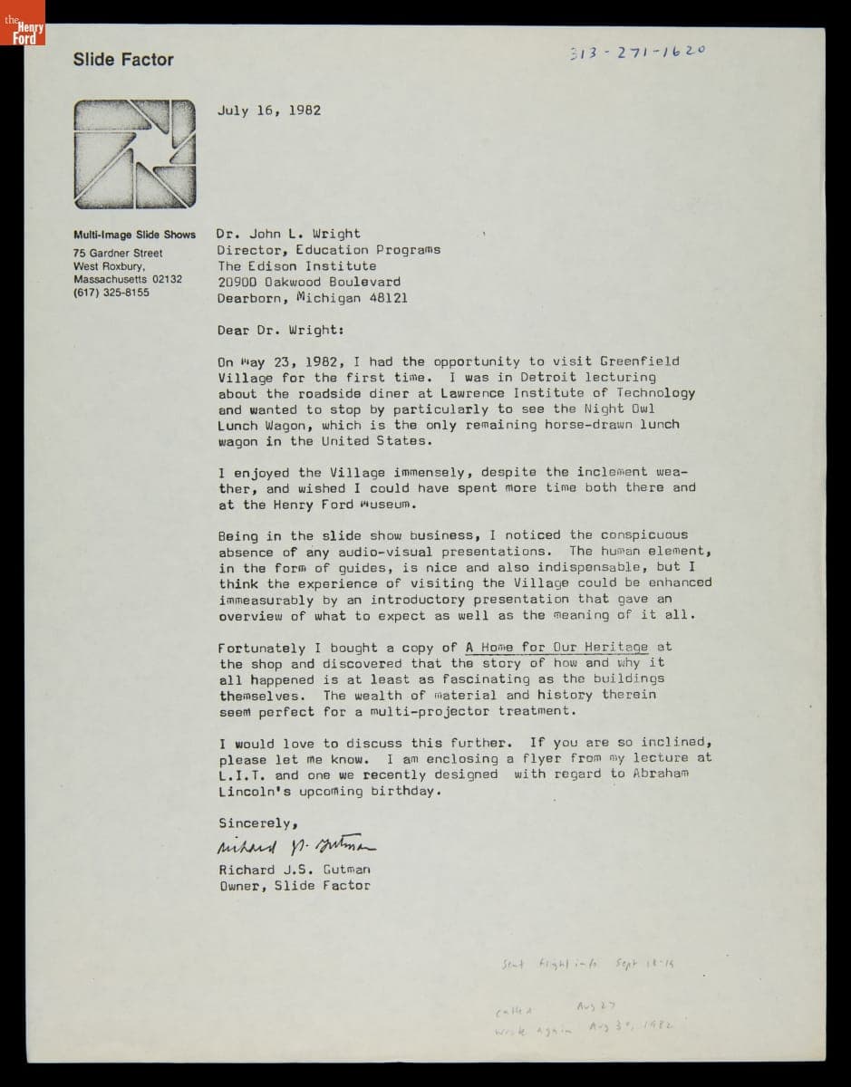 Letter from Richard J.S. Gutman Inquiring about Owl Night Lunch Wagon in Greenfield Village, July 16, 1982