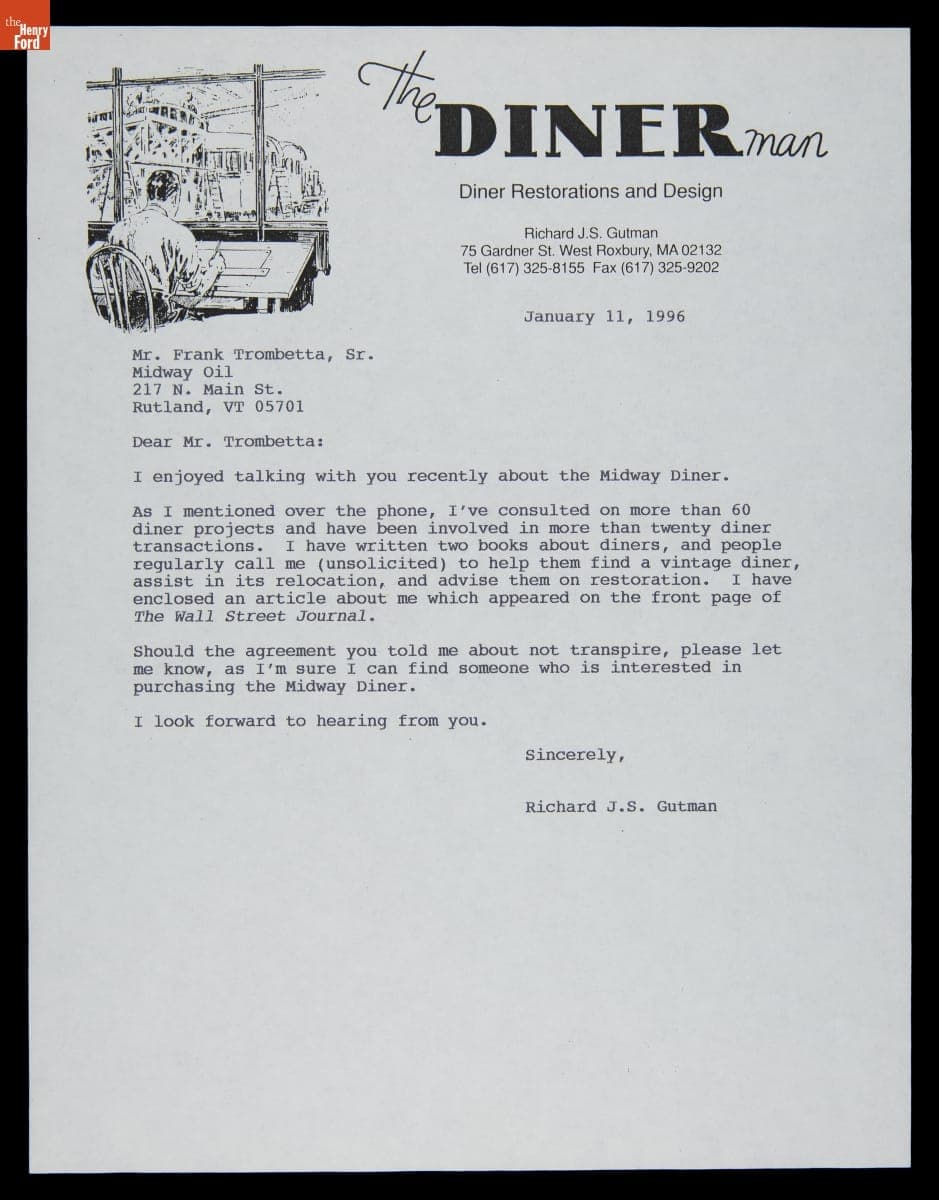Letter from Richard Gutman to Frank Trombetta concerning the Midway Diner, January 11, 1996