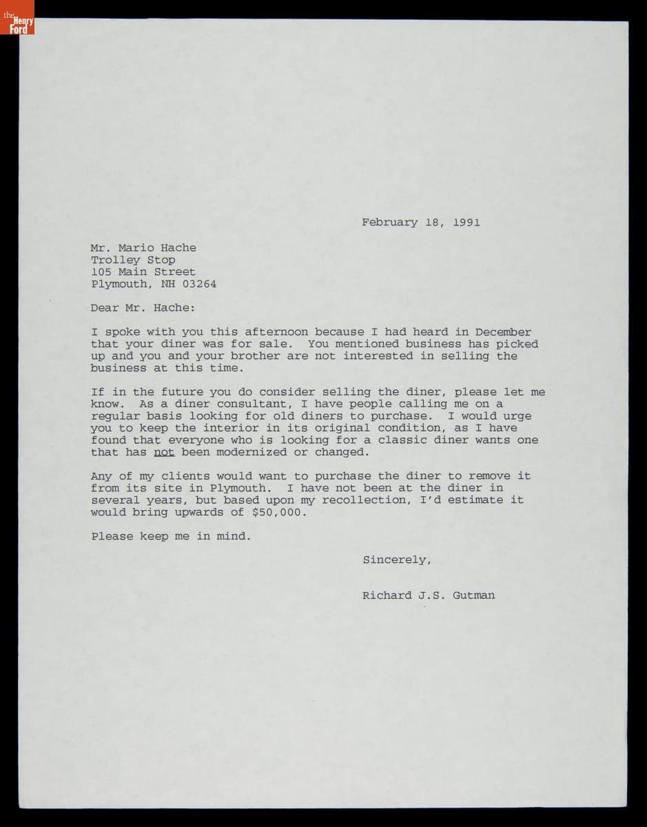 Letter from Richard Gutman to Mario Hache, Owner of the Trolley Stop Diner, February 18, 1991