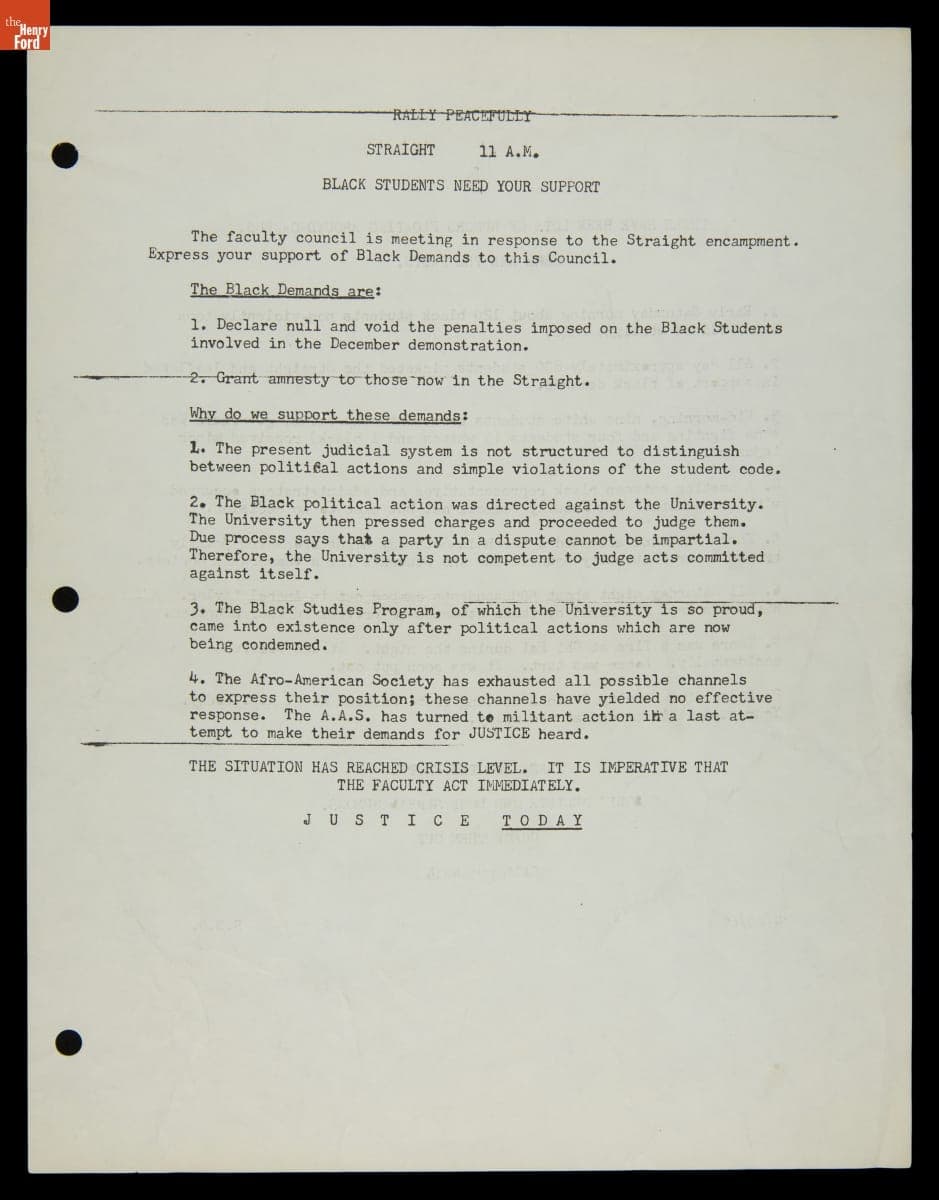 "Rally Peacefully...Black Students Need Your Support," April 20, 1969