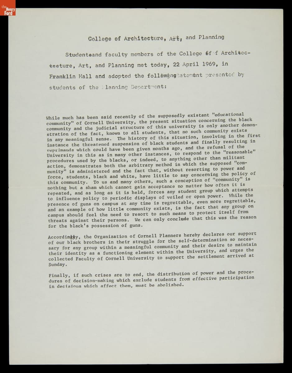 "College of Architecture, Art, and Planning Statement," April 22, 1969