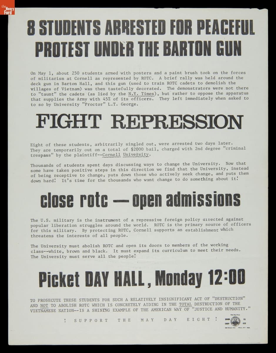 "8 Students Arrested for Peaceful Protest under the Barton Gun," 1969
