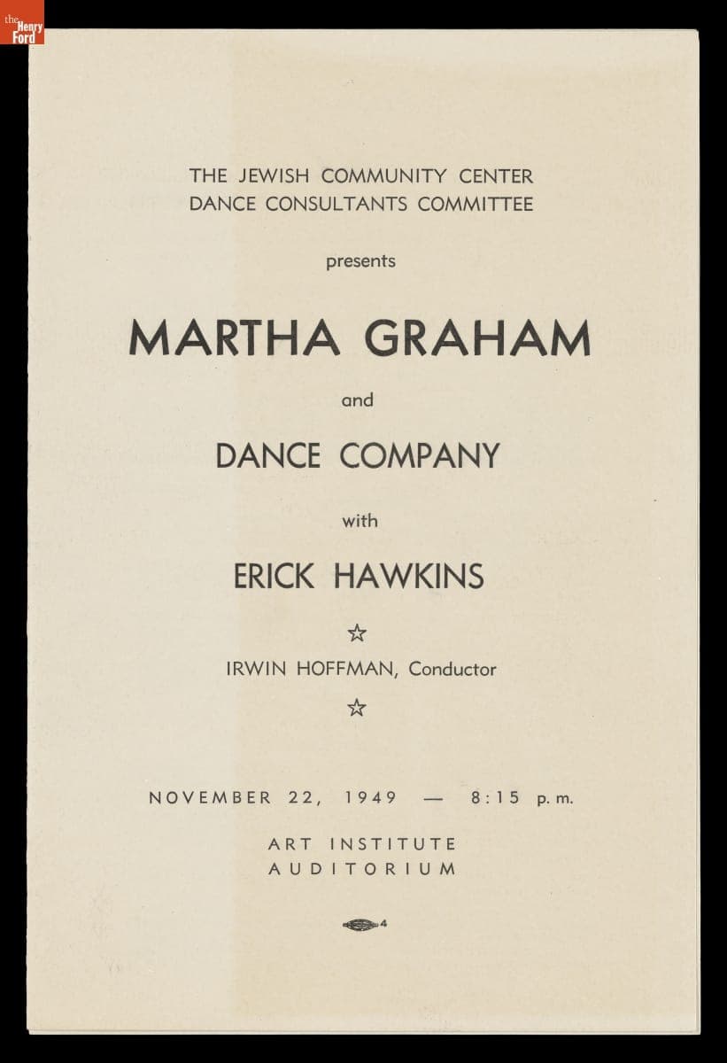 "The Jewish Community Center Dance Consultants Committee Presents Martha Graham and Dance Company...," November 1949