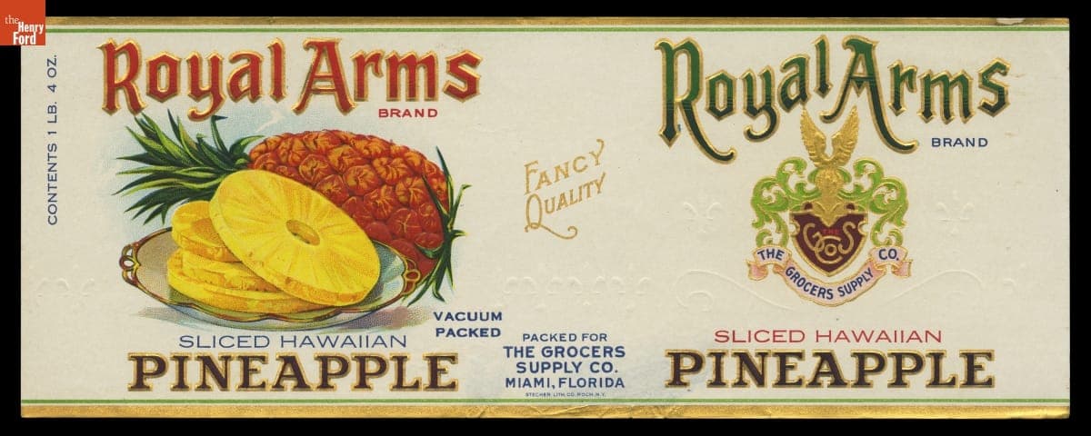 "Royal Arms Brand Sliced Hawaiian Pineapple," 1930-1939