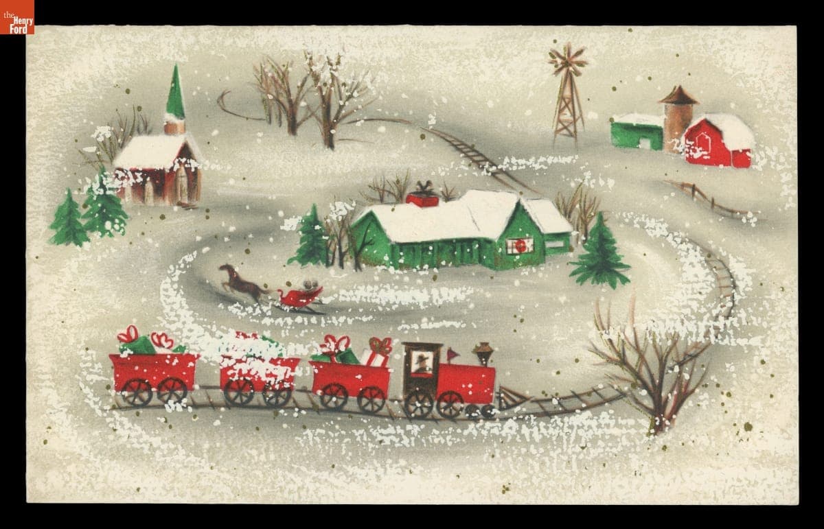 Train Passing Farm in Winter, "With Best Wishes for Christmas and the New Year," 1952
