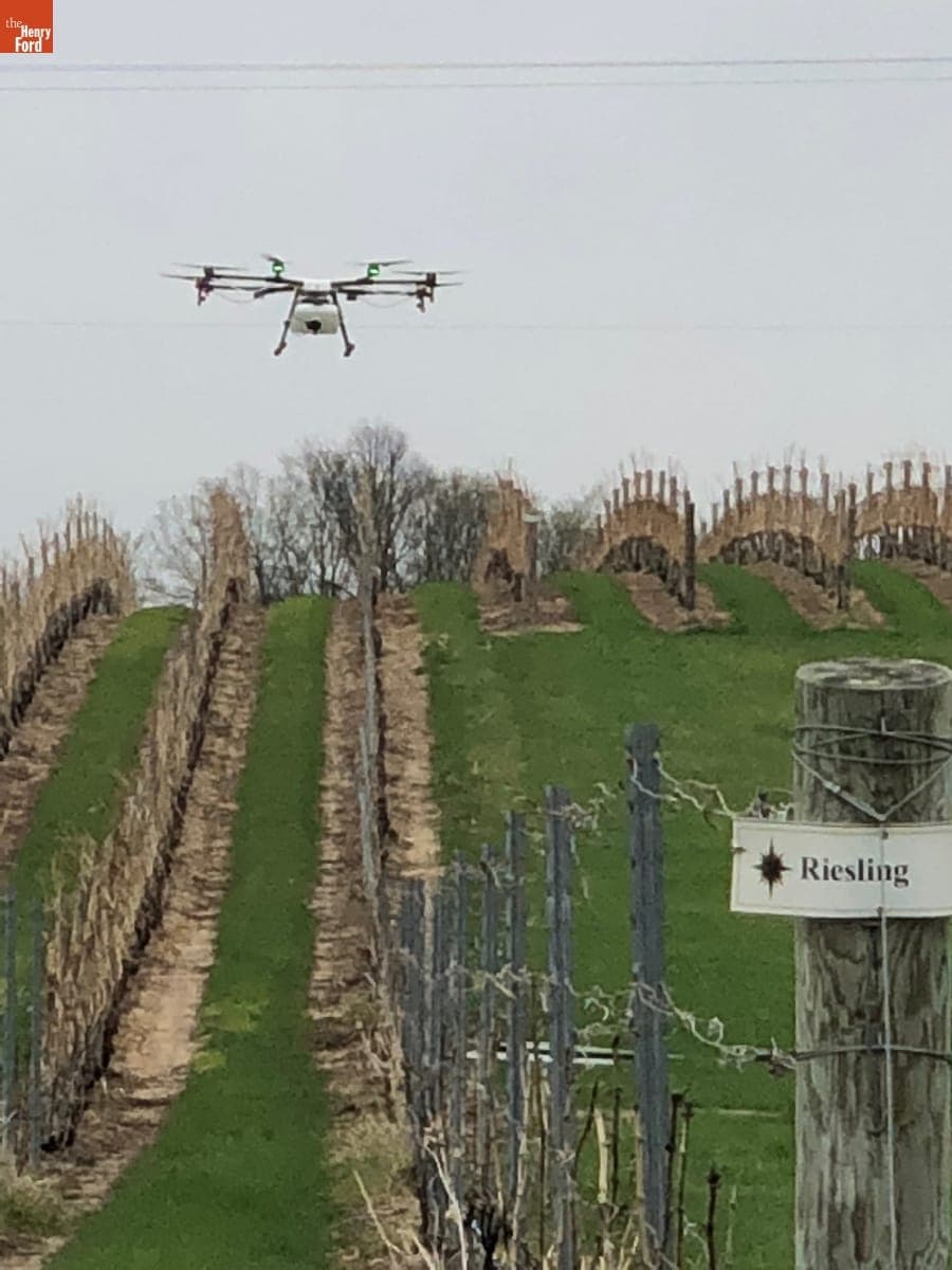 "Agras MG-1" Drone in Flight over Vineyard