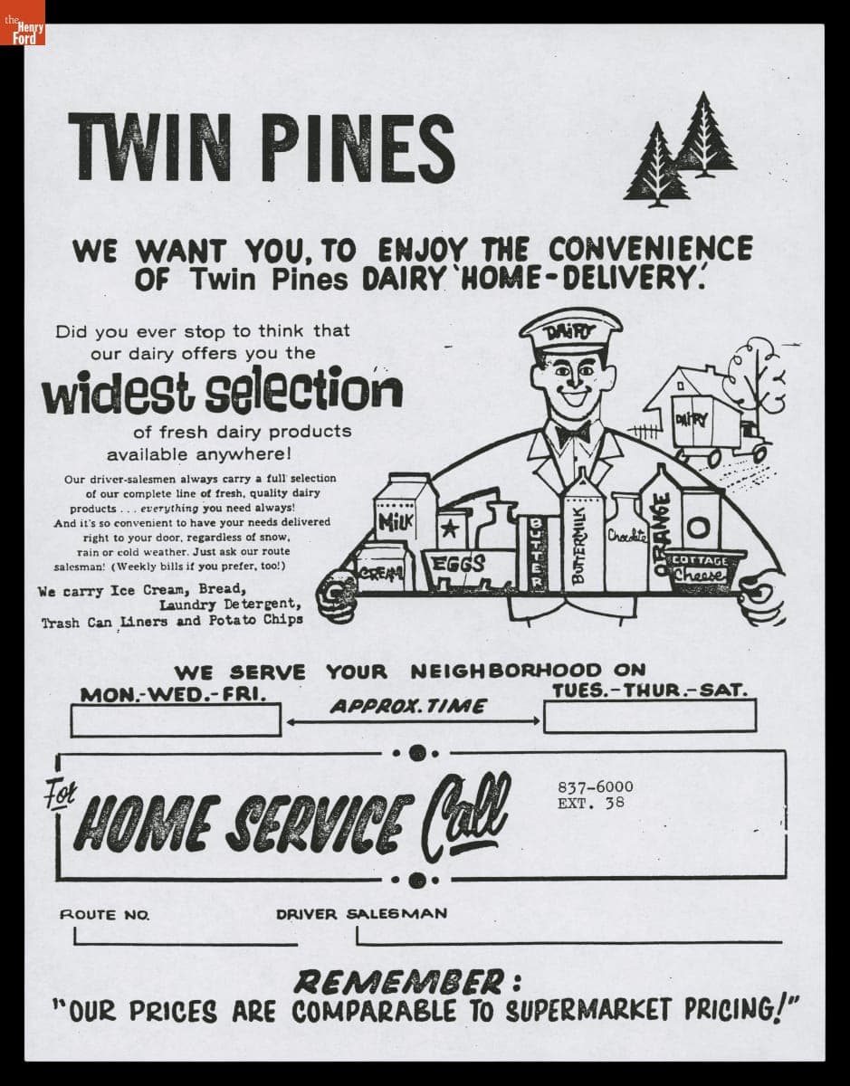 Twin Pines Dairy Advertising Flier for Home Delivery