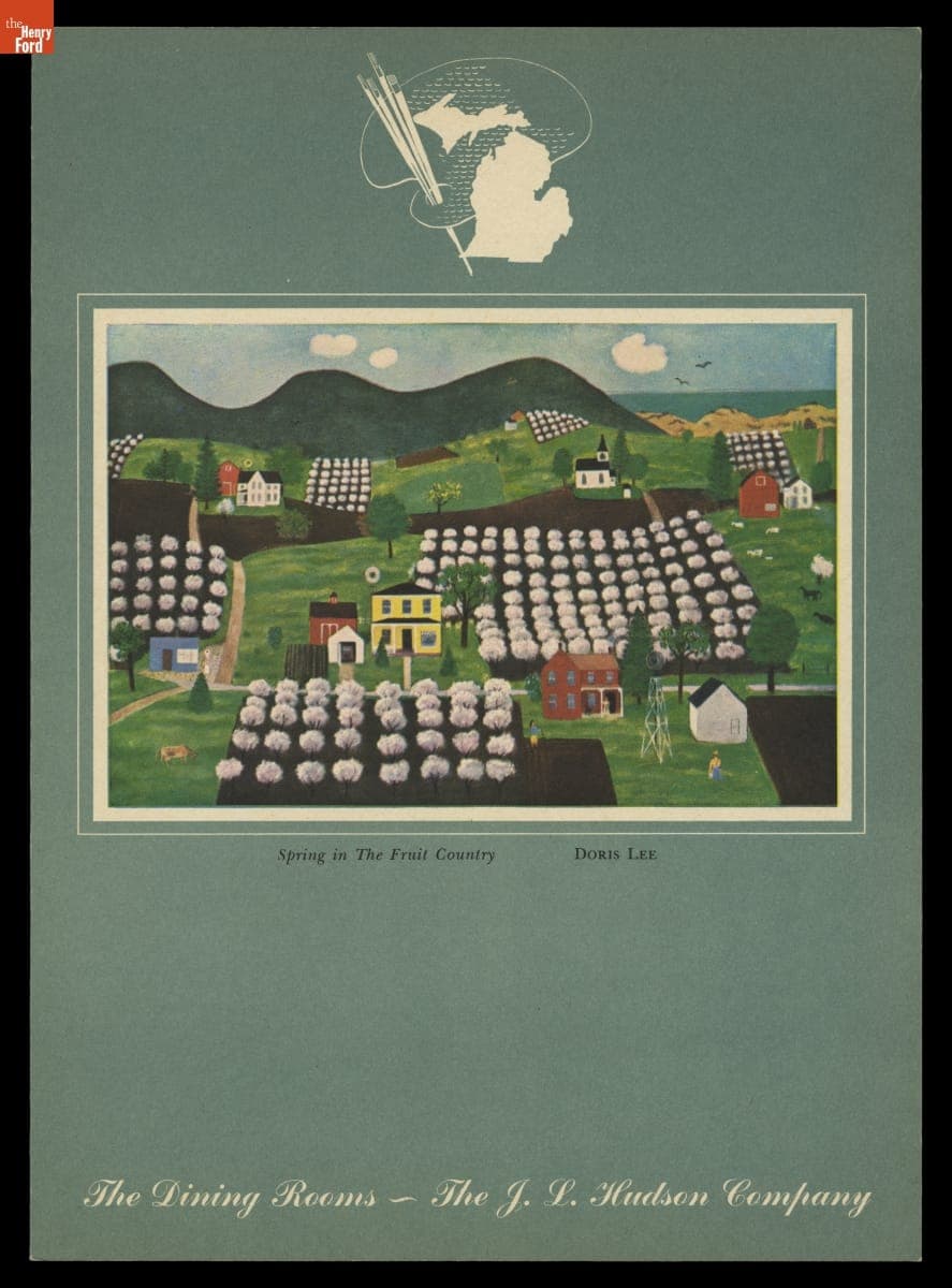 "The Dining Rooms - The J.L. Hudson Company" Menu Showing "Spring in the Fruit Country," 1949